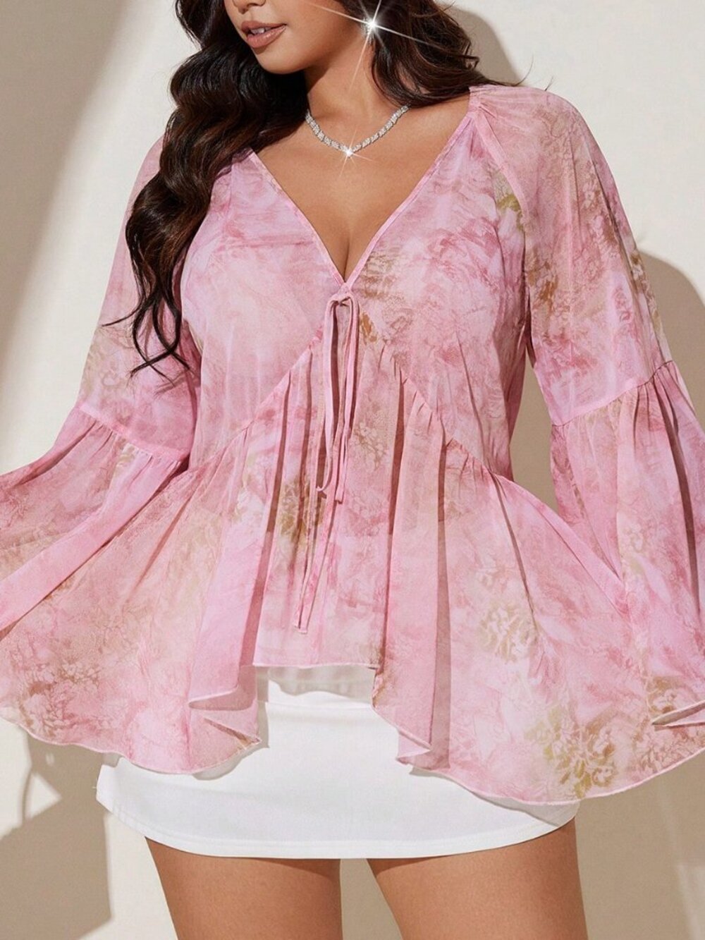 Pink Boho Women's Plus Size Tie Dye Chiffon Blouse